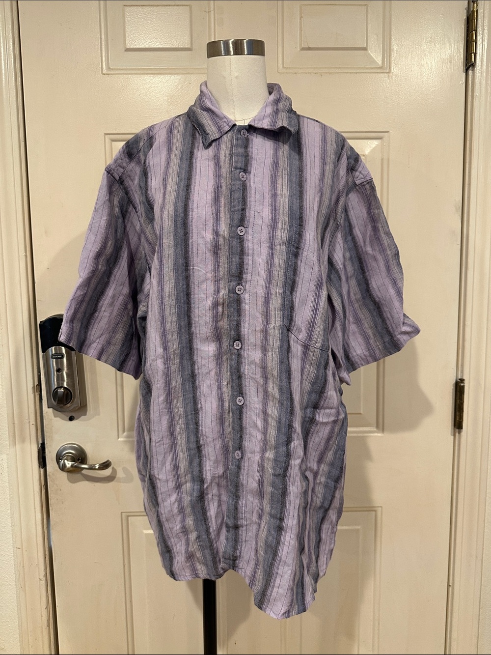 Washable Linen Lavender Striped Short-Sleeve Button-Up Shirt